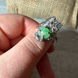 Silver Leaf Ring with Green and Orange Accents